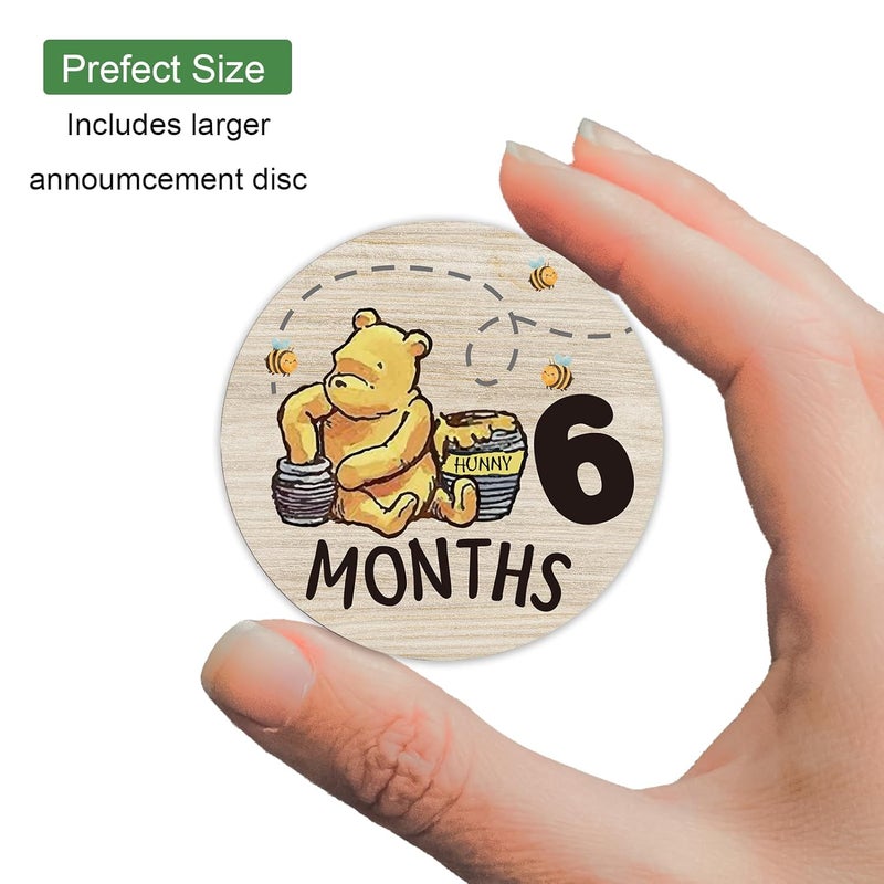 PAMBO The Winnie Baby Bear Month Milestone Circles, Wooden Discs Stuff for Baby Photo Takens with Hello World Name Signs - 7Pcs Double Sided Signs for Documenting Growth - Image 4